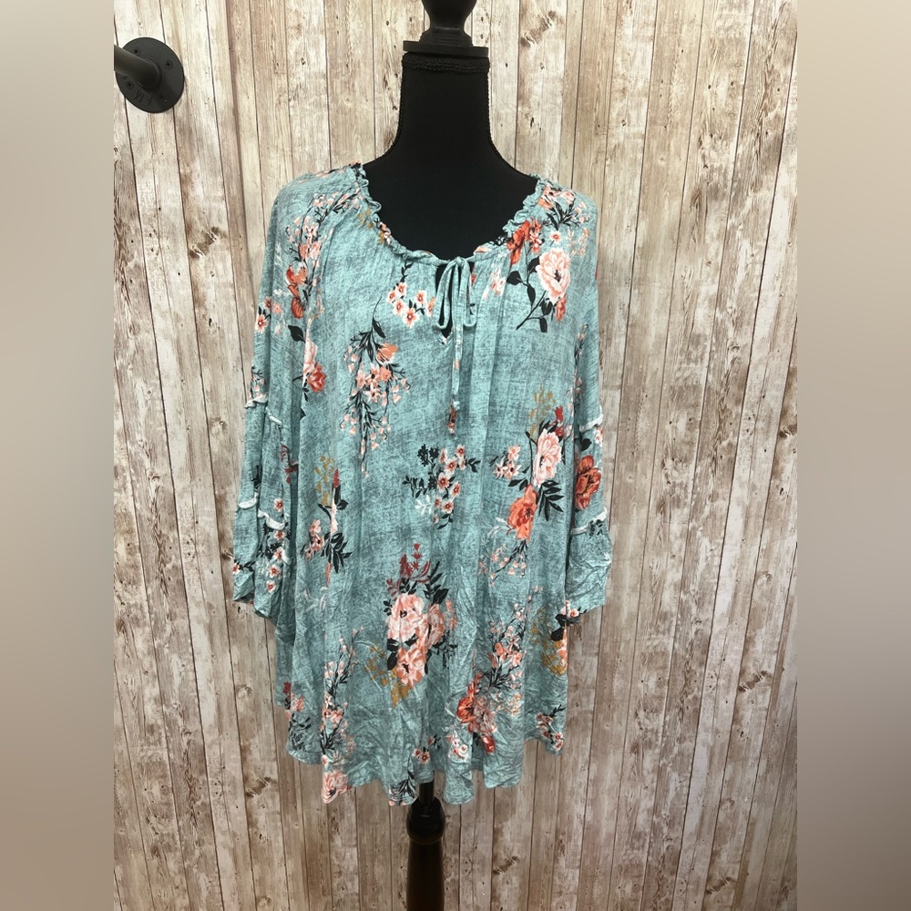 Cato Blue‎ and Pink Flutter Sleeve Tunic with Tie Front